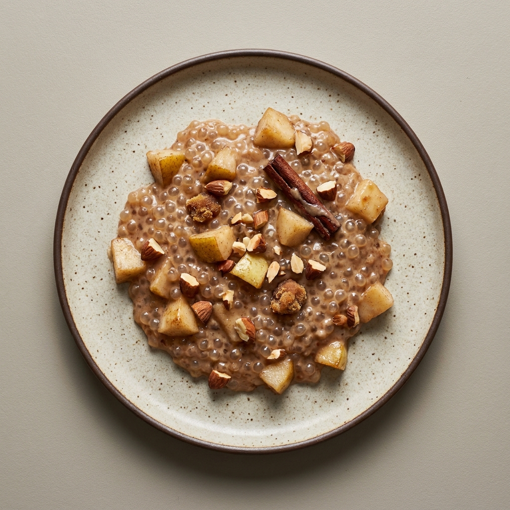 Tapioca con leche, pera, almendra y piloncillo