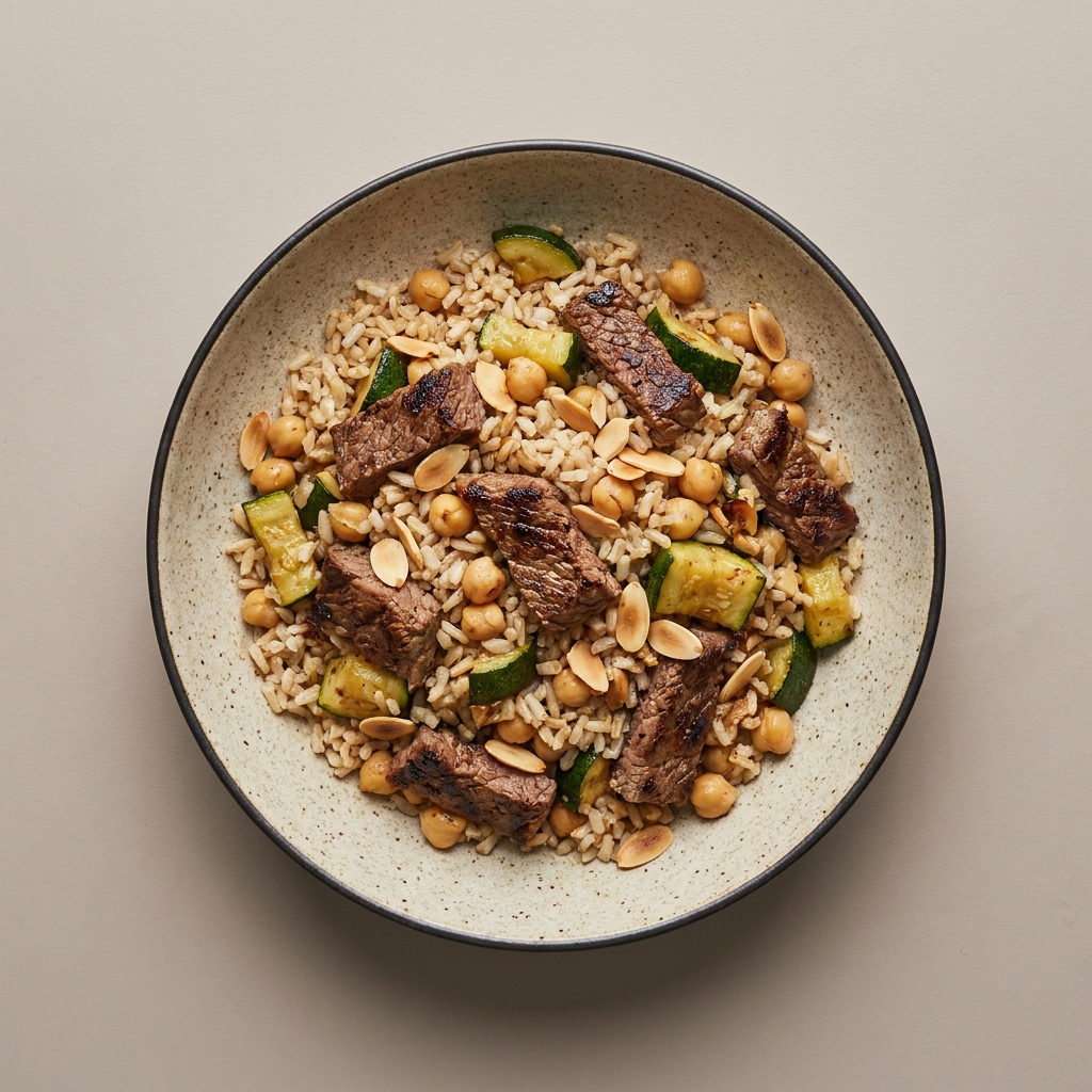 Bowl de arroz integral con arrachera de res, calabacita, garbanzo y almendra