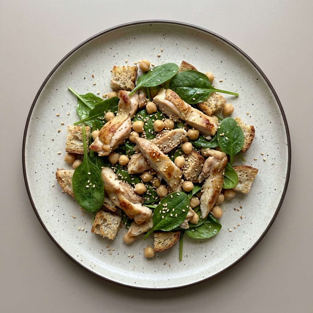 Ensalada de pollo con espinaca, garbanzo, semilla de ajonjolí y croutones