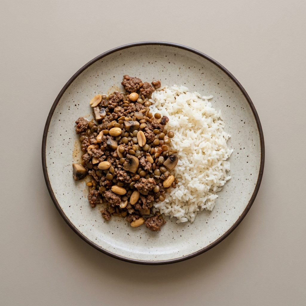 Picadillo de res con champiñón, lenteja y cacahuate, acompañado de arroz blanco