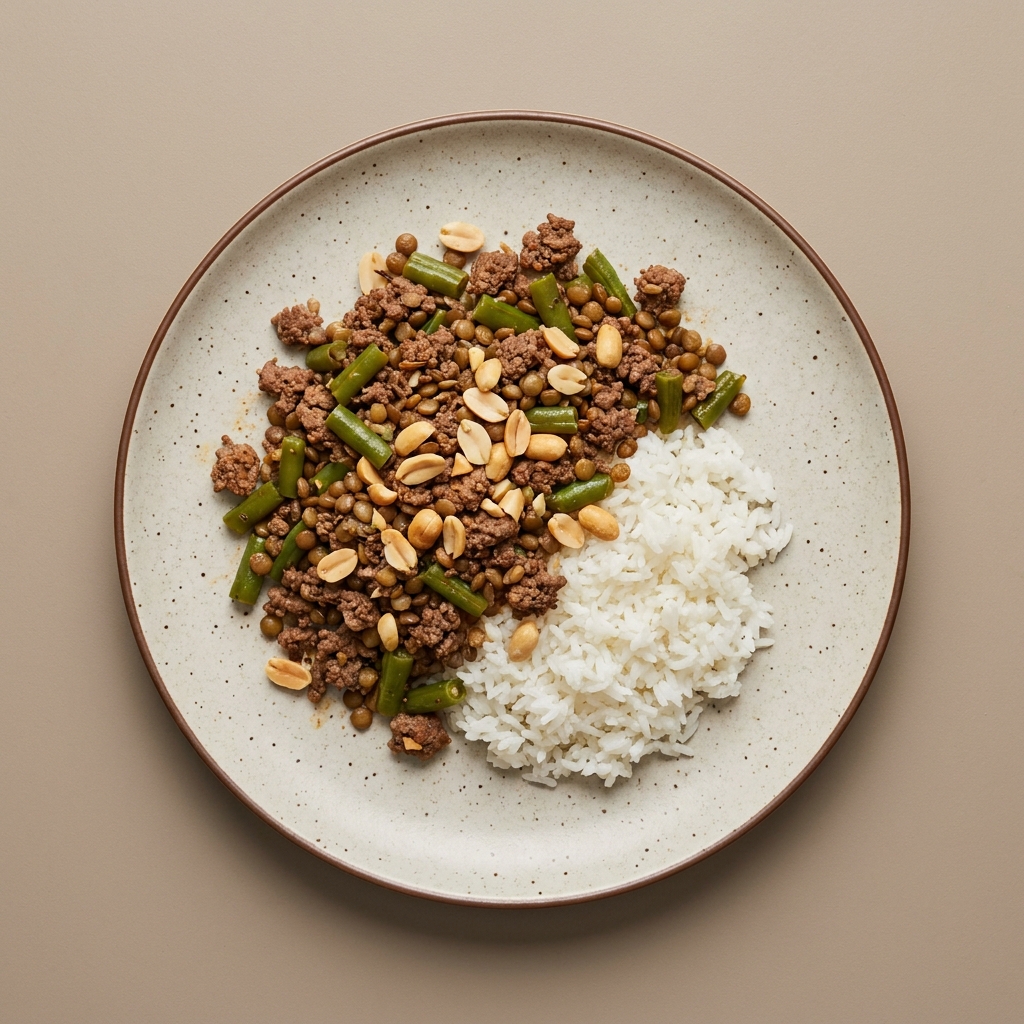 Picadillo de res molida con ejote, lenteja y cacahuate, con arroz
