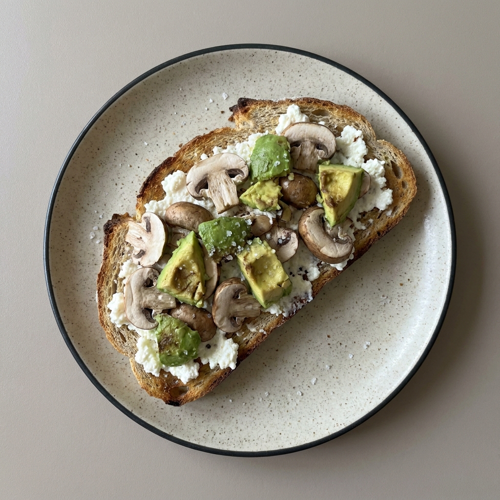 Pan integral con requesón, champiñon y aguacate