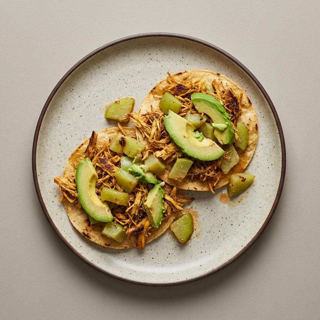 Tostadas de machaca de res con chayote y aguacate