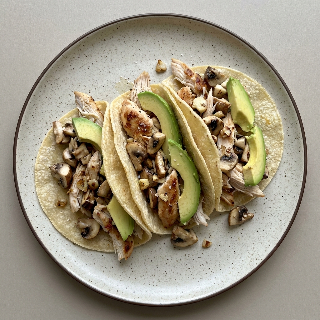 Tacos de pechuga de pollo deshebrada con champiñon y aguacate