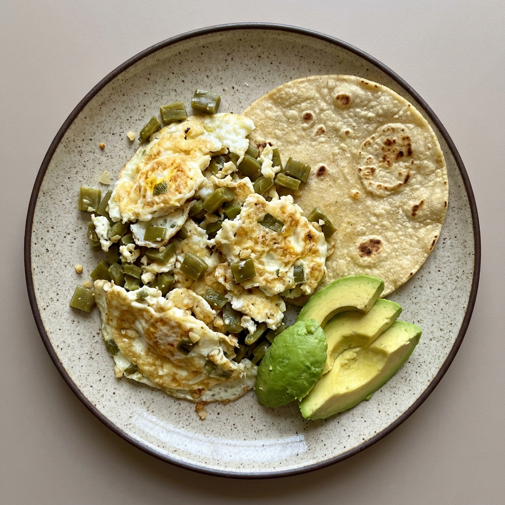 clara de huevo a la mexicana con nopal y aguacate, con tortilla de maíz