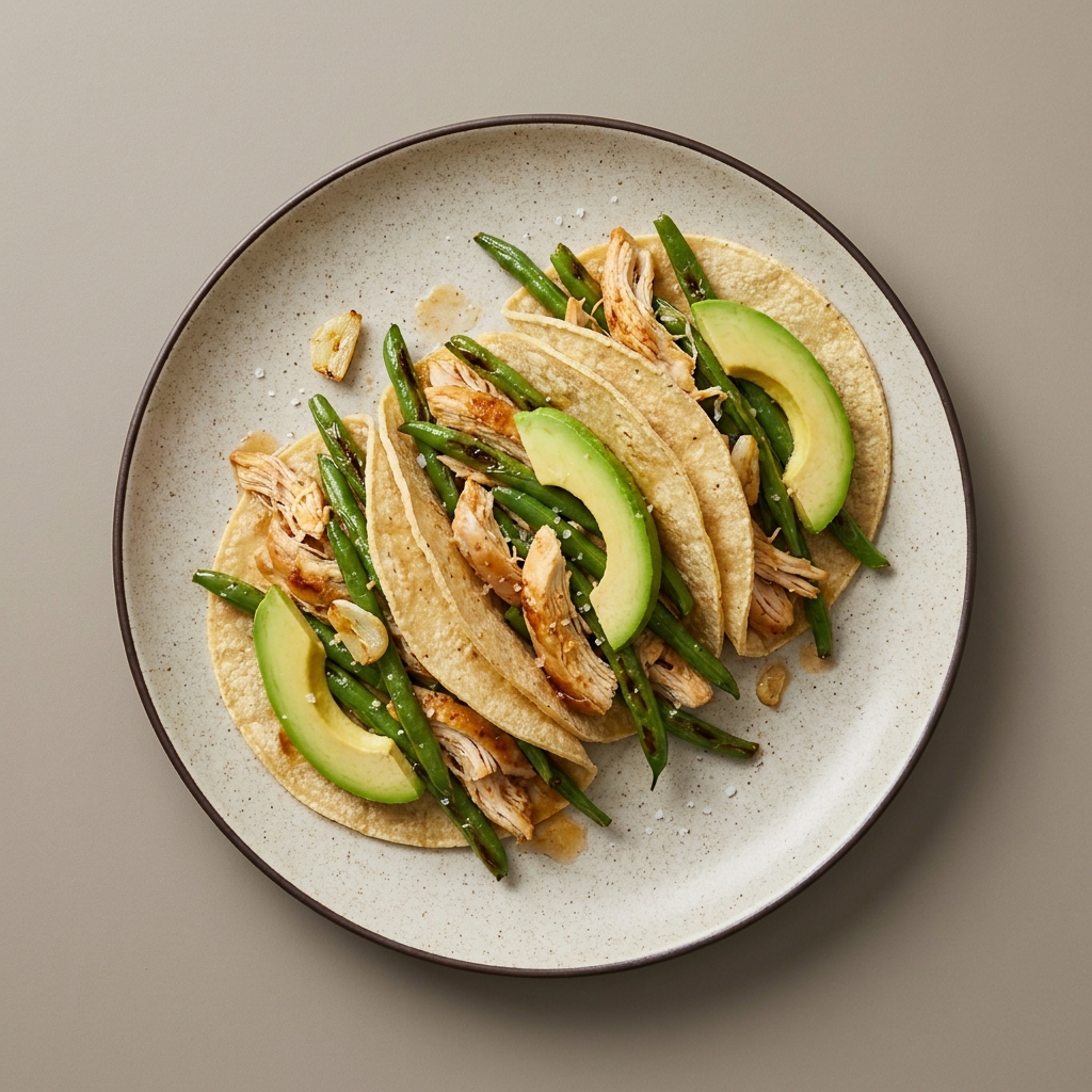 Tacos de pechuga de pollo deshebrada con ejote y aguacate
