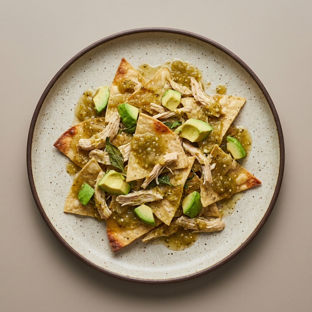 Chilaquiles verdes con pechuga de pollo deshebrada y aguacate