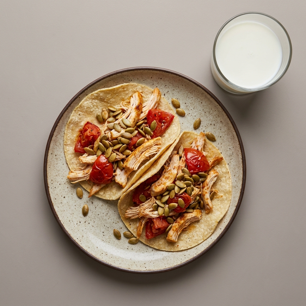 Tacos de pechuga de pollo deshebrada con jitomate y pepita de calabaza, con vaso de leche.