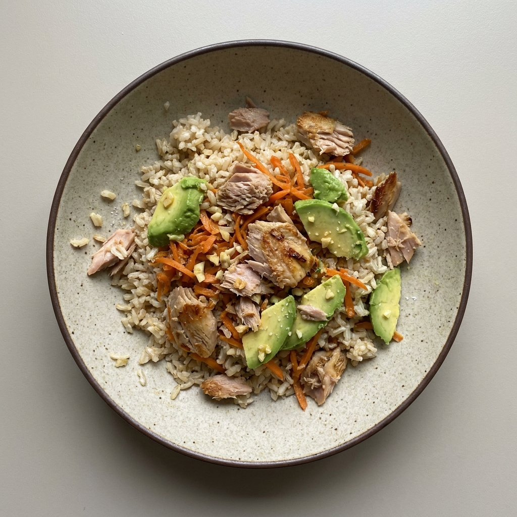 Bowl de arroz integral con atún en agua, zanahoria y aguacate