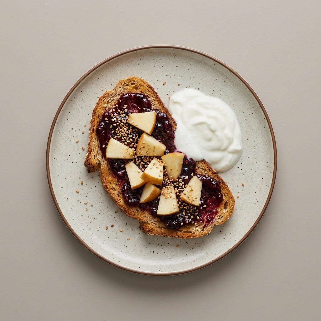 Pan integral tostado con mermelada, semilla de ajonjolí y manzana, con yogurt natural