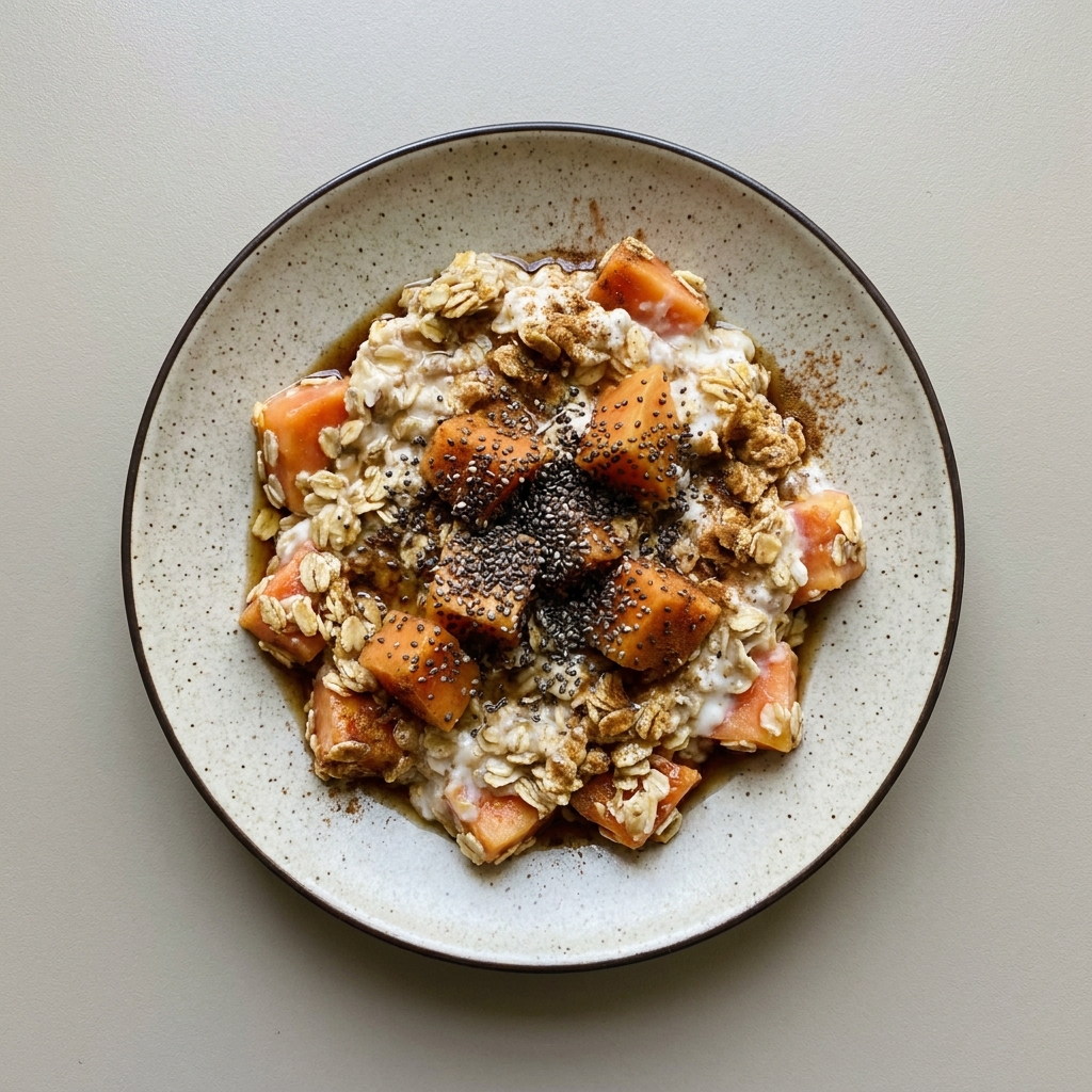 Avena remojada con yogurt natural, semilla de chía, papaya y miel de maple
