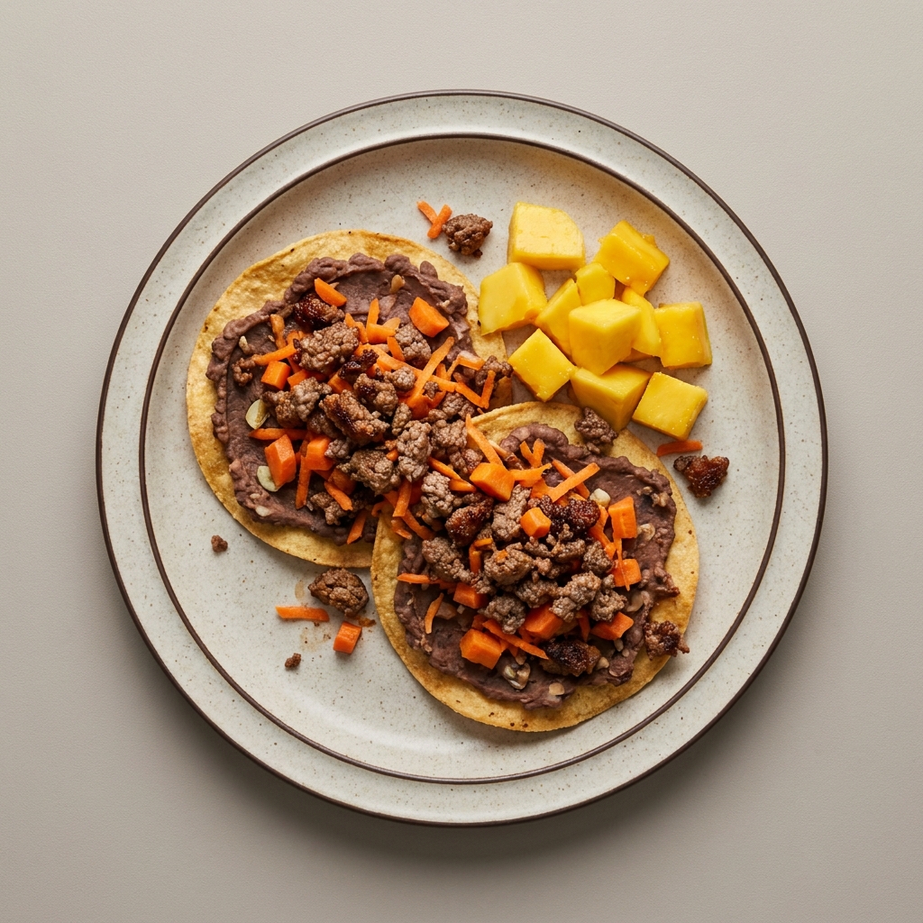 Tostadas de res molida magra con frijoles refritos y zanahoria, con mango de postre