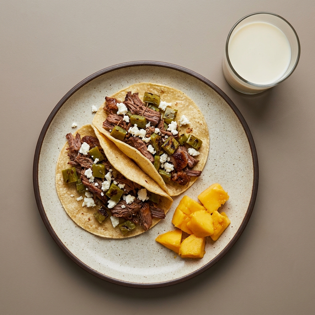 Tacos de machaca de res con queso y nopal, acompañado con mango y vaso de leche