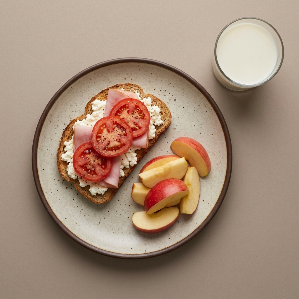 Pan integral con requesón, jamón y jitomate, acompañado de manzana y vaso de leche