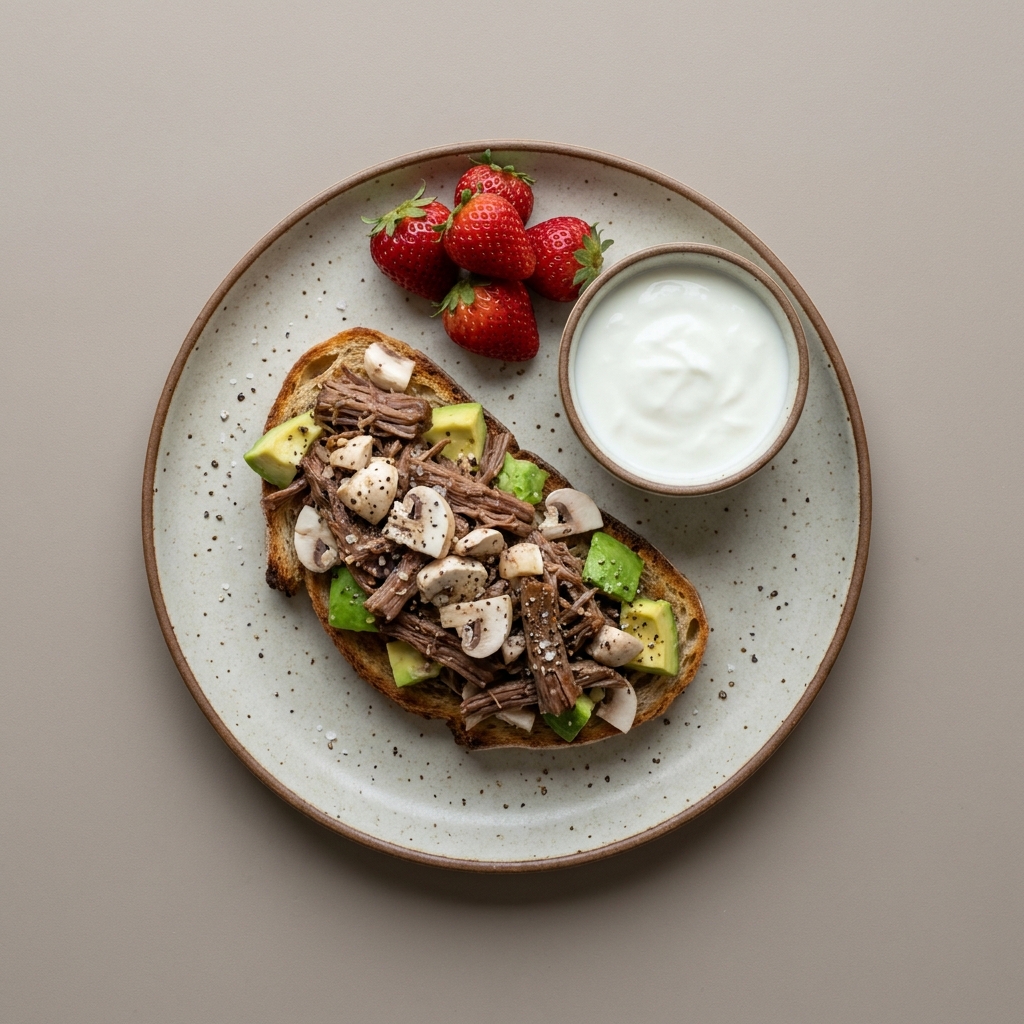 Sandwich de carne res deshebrada con champiñón y aguacate en pan de masa madre