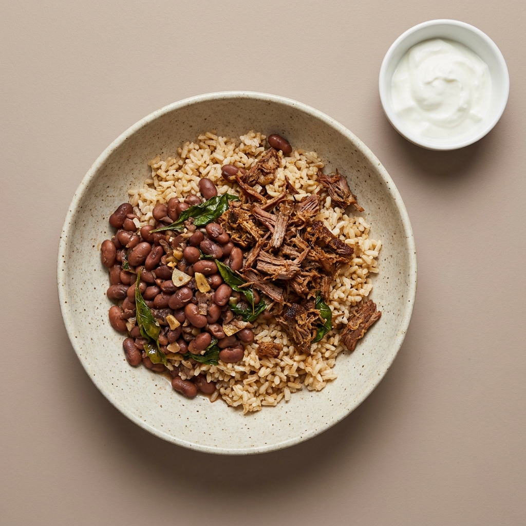Bowl de arroz con frijoles y machaca, con aderezo de yogurt