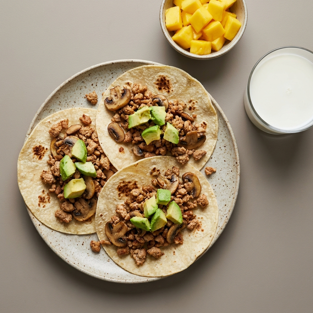 Tacos de carne molida con champiñones y aguacate, con mango y vaso de leche