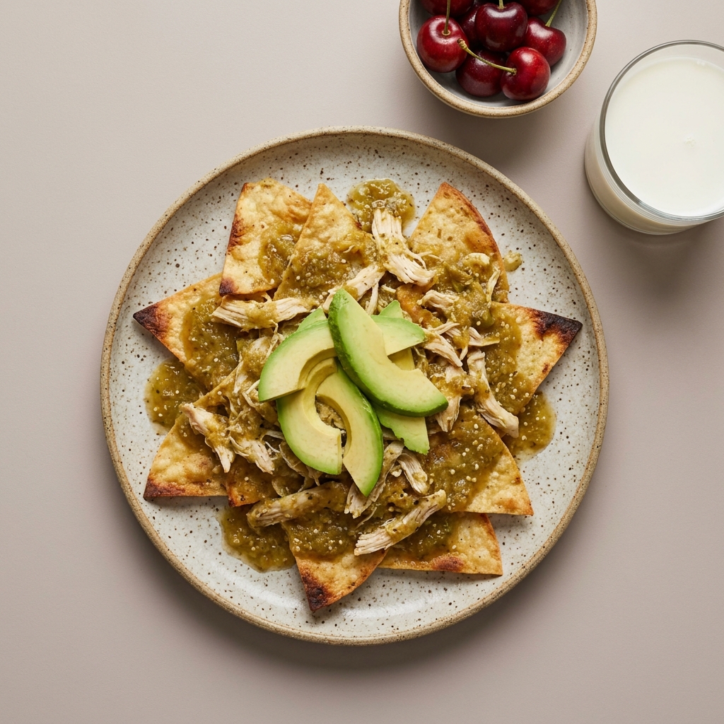 Chilaquiles verdes de pollo con aguacate, acompañado de cerezas y vaso de leche