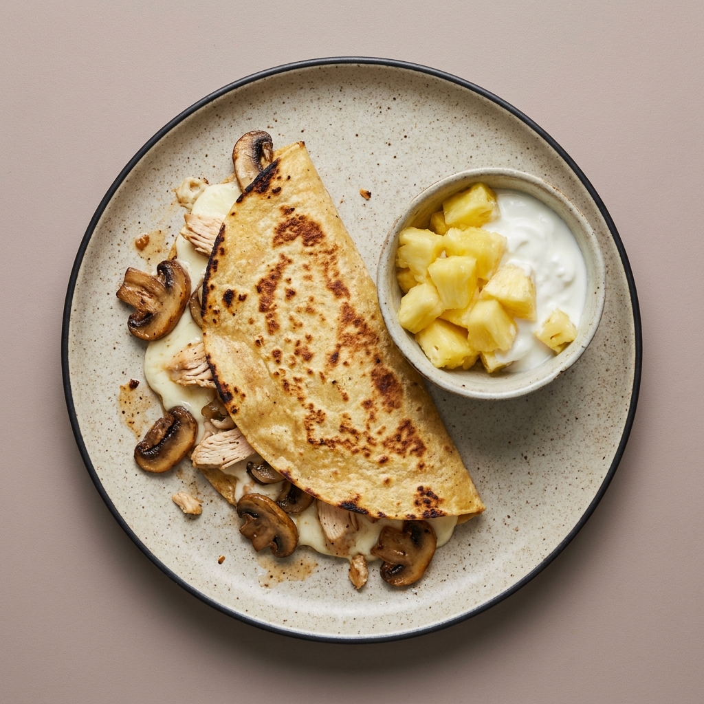 Sincronizada de pollo y queso panela con champiñones, acompañada de bowl de piña y yogurt