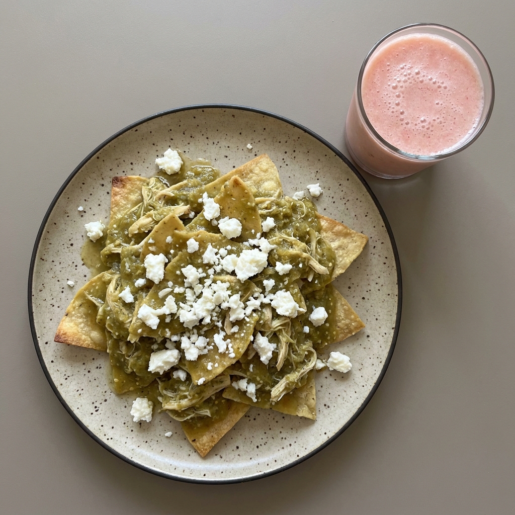 Chilaquiles verdes de pechuga de pollo con queso fresco, acompañada de licuado de guayaba