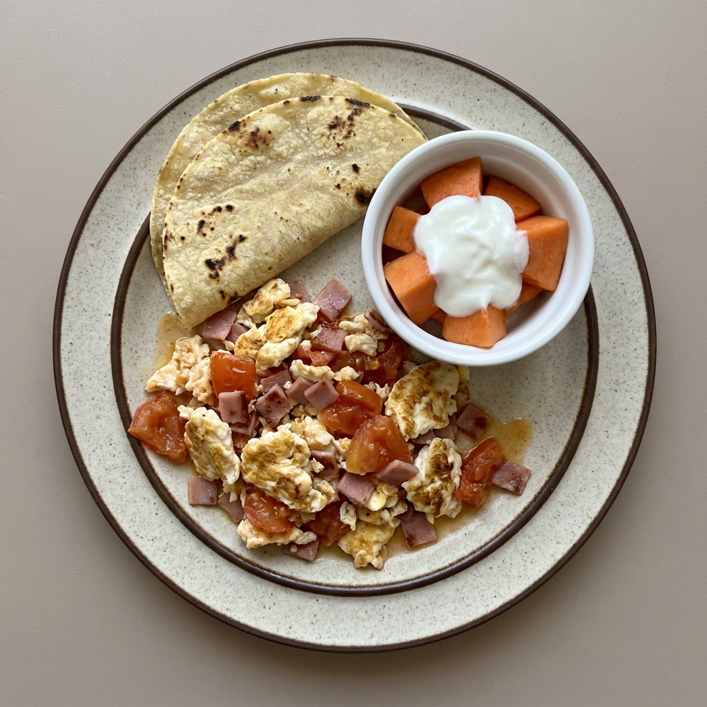 Claras revueltas con jamón y jitomate, con tortilla, y bowl de mamey con yogurt