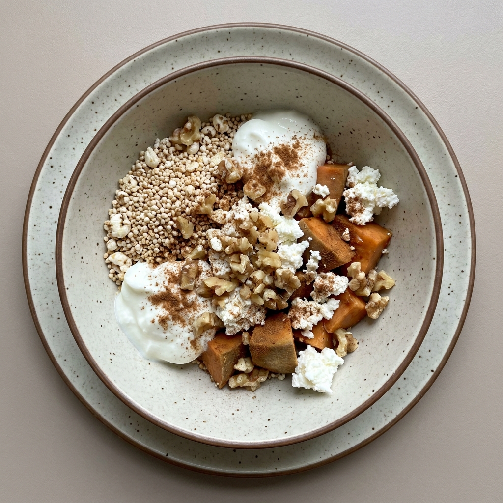 Bowl de amaranto natural con yogurt, queso ricotta, nuez y mamey