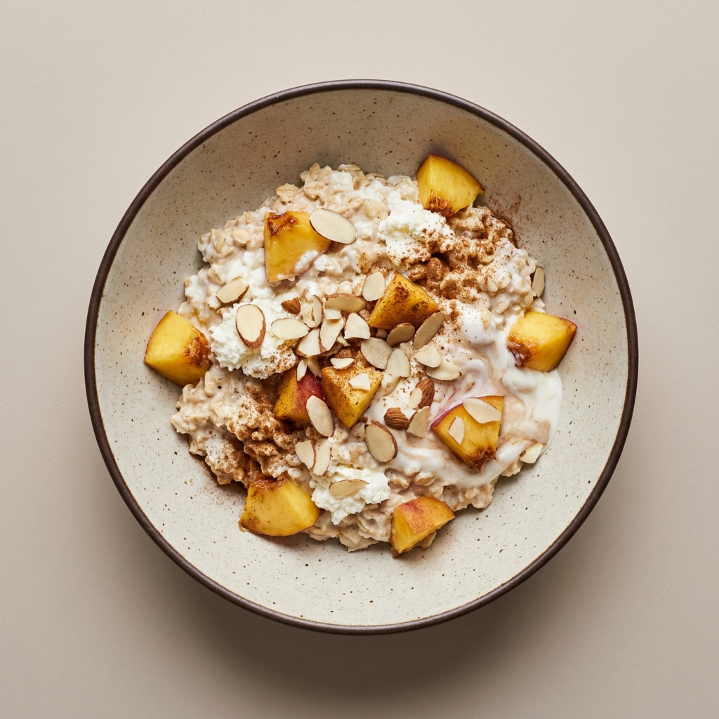 Avena con yogurt, queso ricotta, y durazno con canela