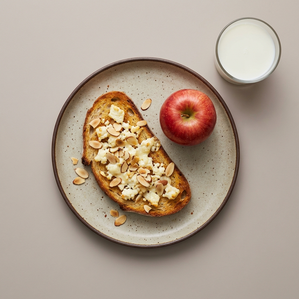 Pan de masa madre con queso panela y almendra, con manzana y vaso de leche