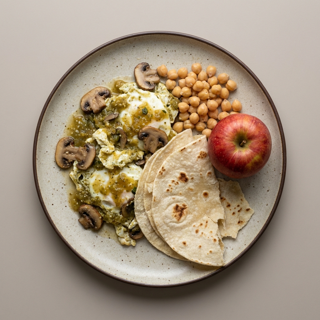 Clara de huevo en salsa verde con champiñón, con tortilla de maíz