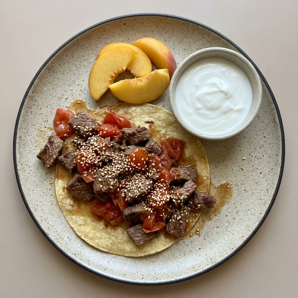 Taco de res con jitomate + yogurt con durazno