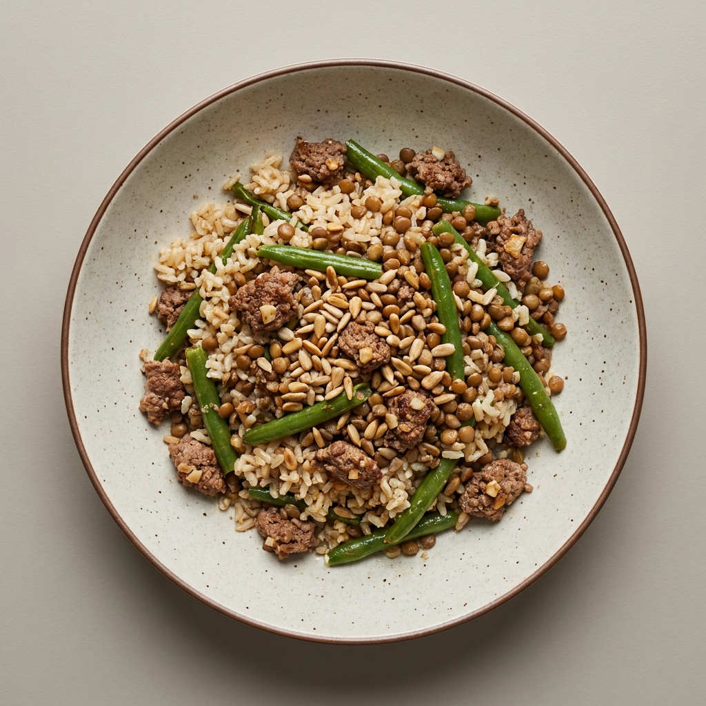 Bowl de arroz con res molida, ejote, lenteja y semilla de girasol