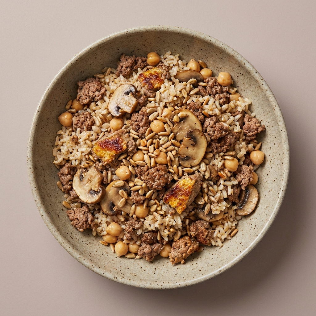 Bowl de arroz con res molida, champiñón, garbanzo y semilla de girasol