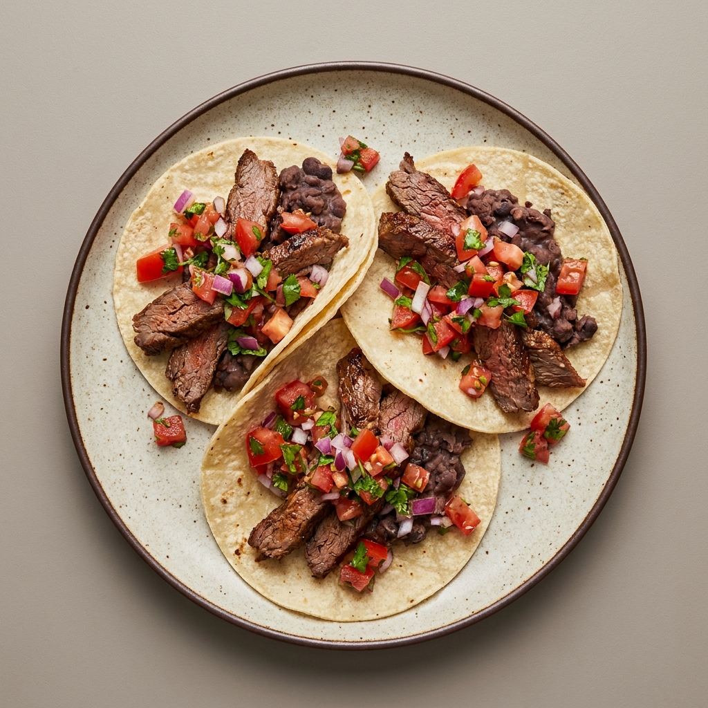 Tacos de cecina de res con pico de gallo y frijoles