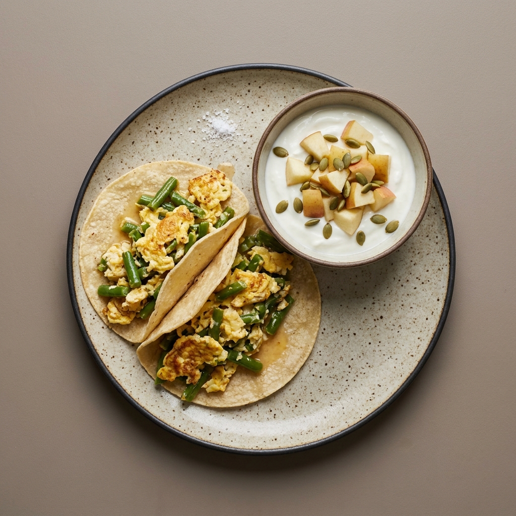 Tacos de huevo revuelto con ejote acompañado con yogurt con manzana y pepitas de calabaza