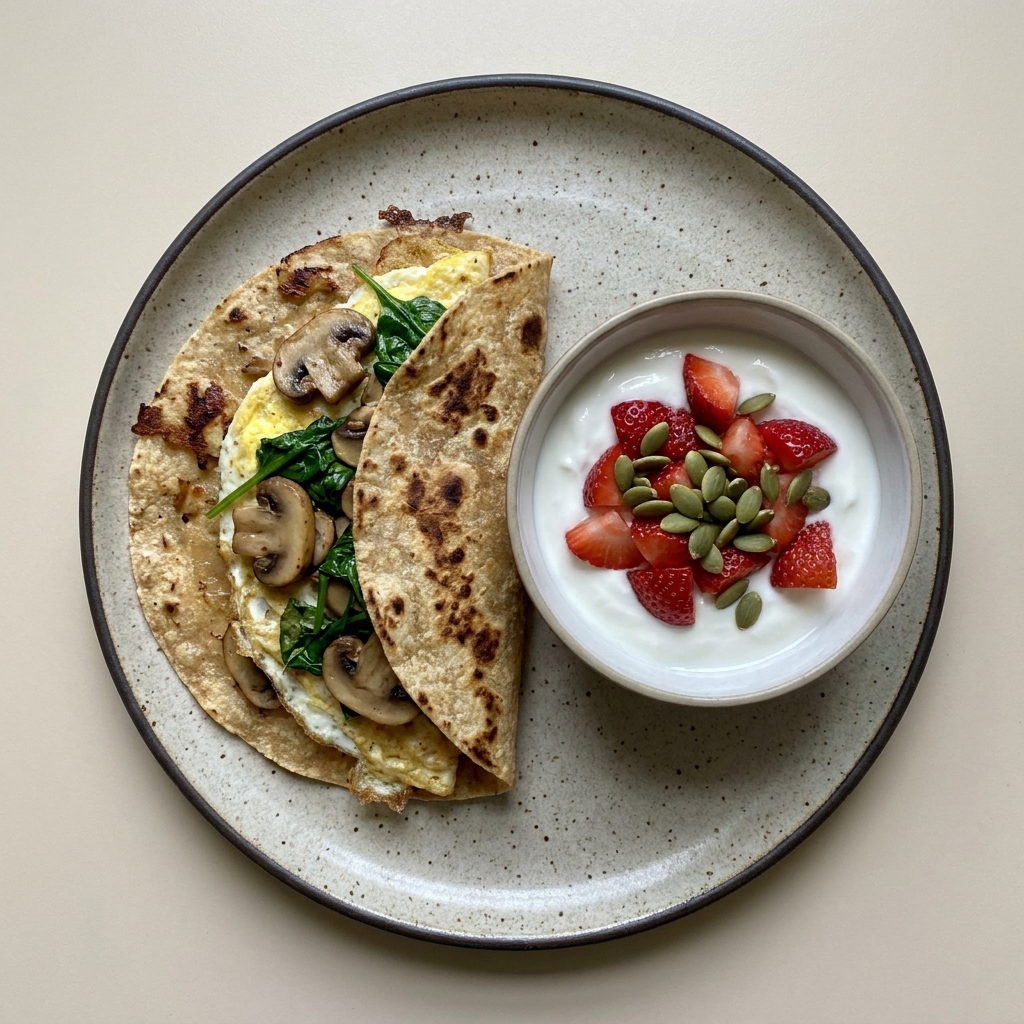 Wrap de huevo con champiñones y espinacas + bowl de yogurt con fresas y pepitas de calabaza
