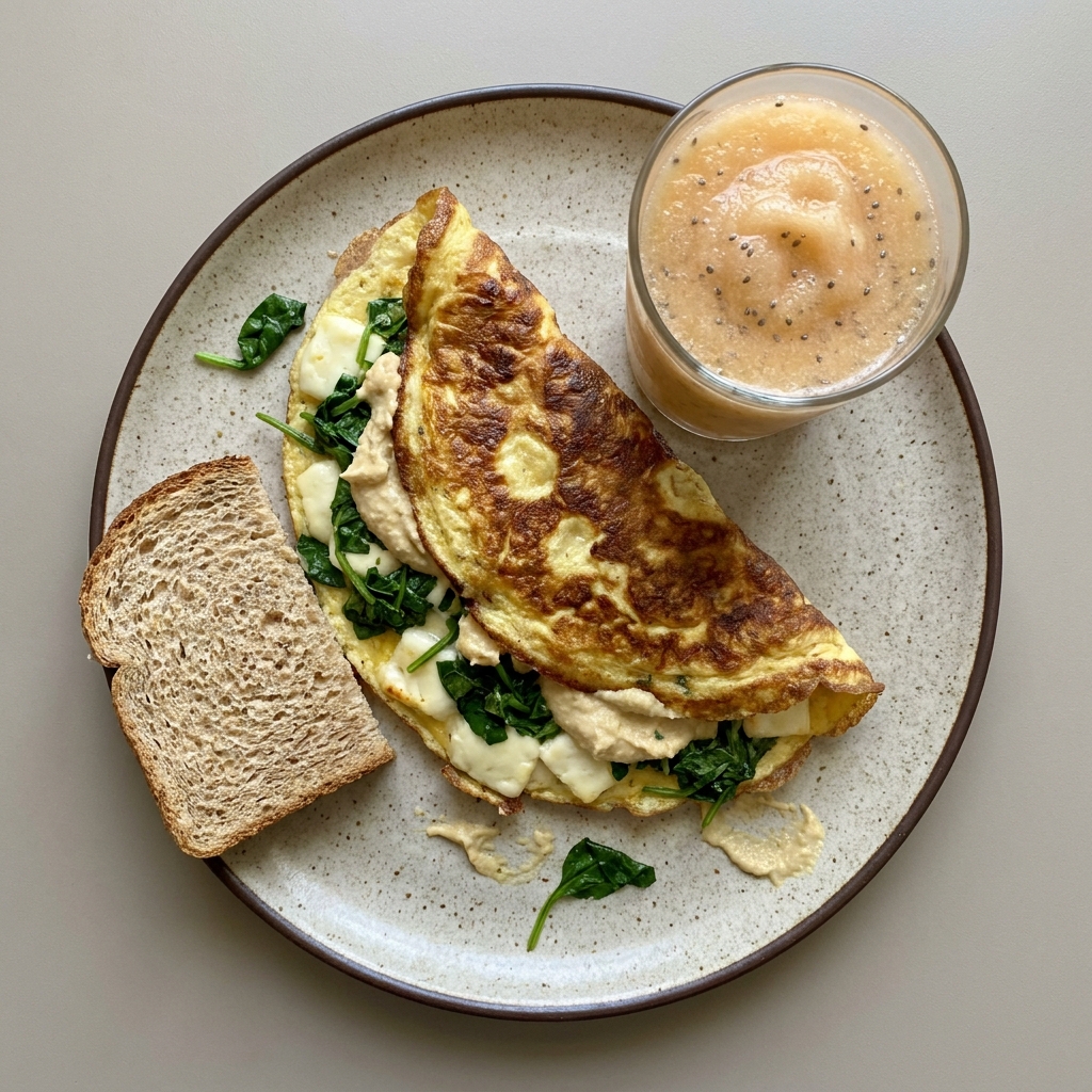 Omelette relleno de hummus, panela y espinaca + frappe de melón con chia