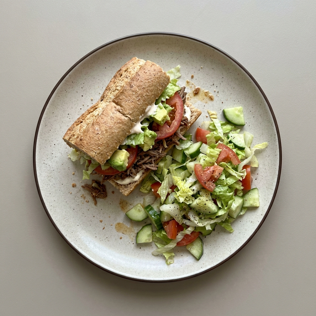 Pepito de carne de res, crema y aguacate con ensalada fresca a un lado