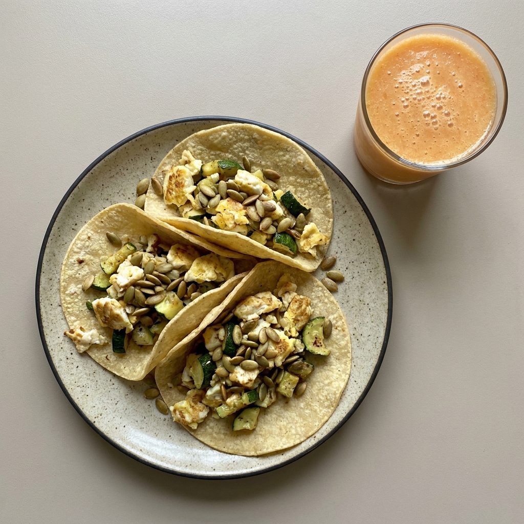 Tacos de huevo con calabacita y pepita de calabaza, y licuado de papaya