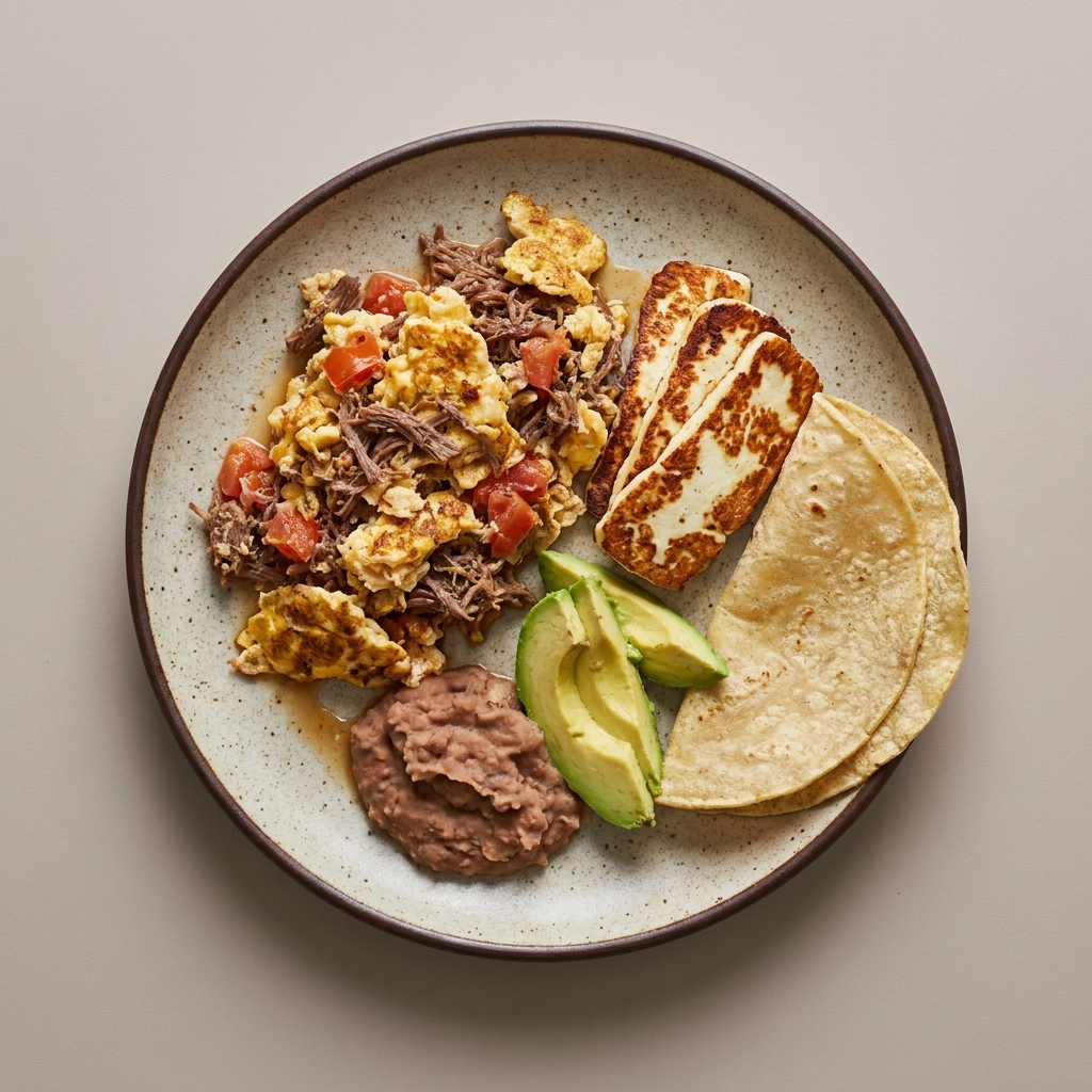 Almuerzo norteño de huevo con machaca, panela y jitomate, con frijol, aguacate y tortilla