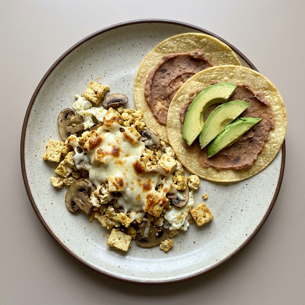 Tofu revuelto con clara y champiñón gratinado con tacos de frijoles con aguacate