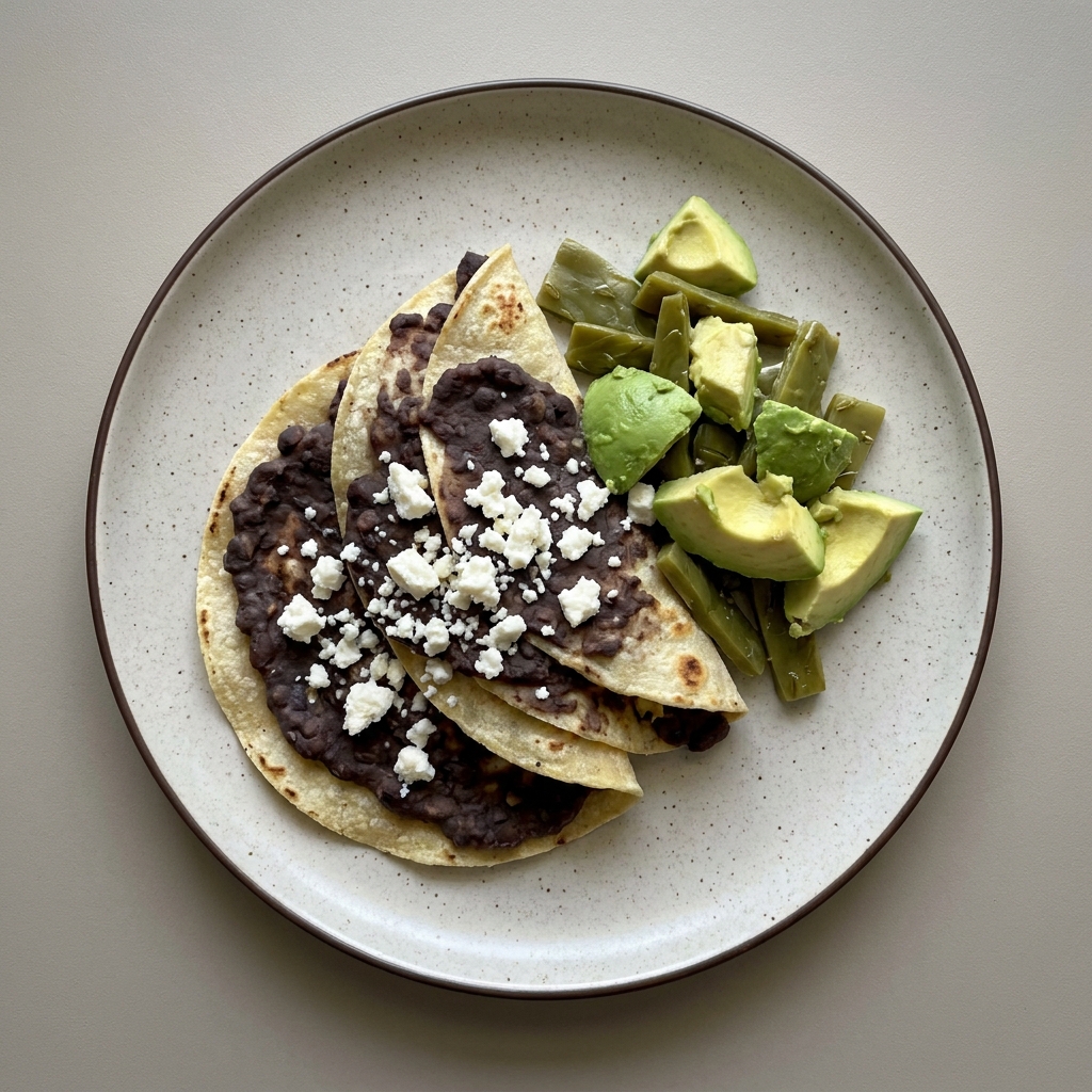 Enfrijoladas de huevo acompañadas de nopales con aguacate