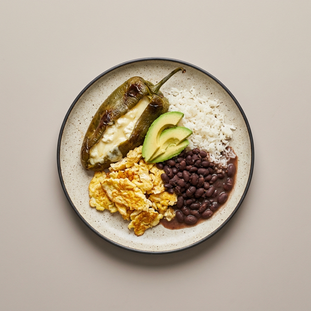 Chiles poblanos rellenos de panela y requesón acompañados con huevo, frijol y arroz