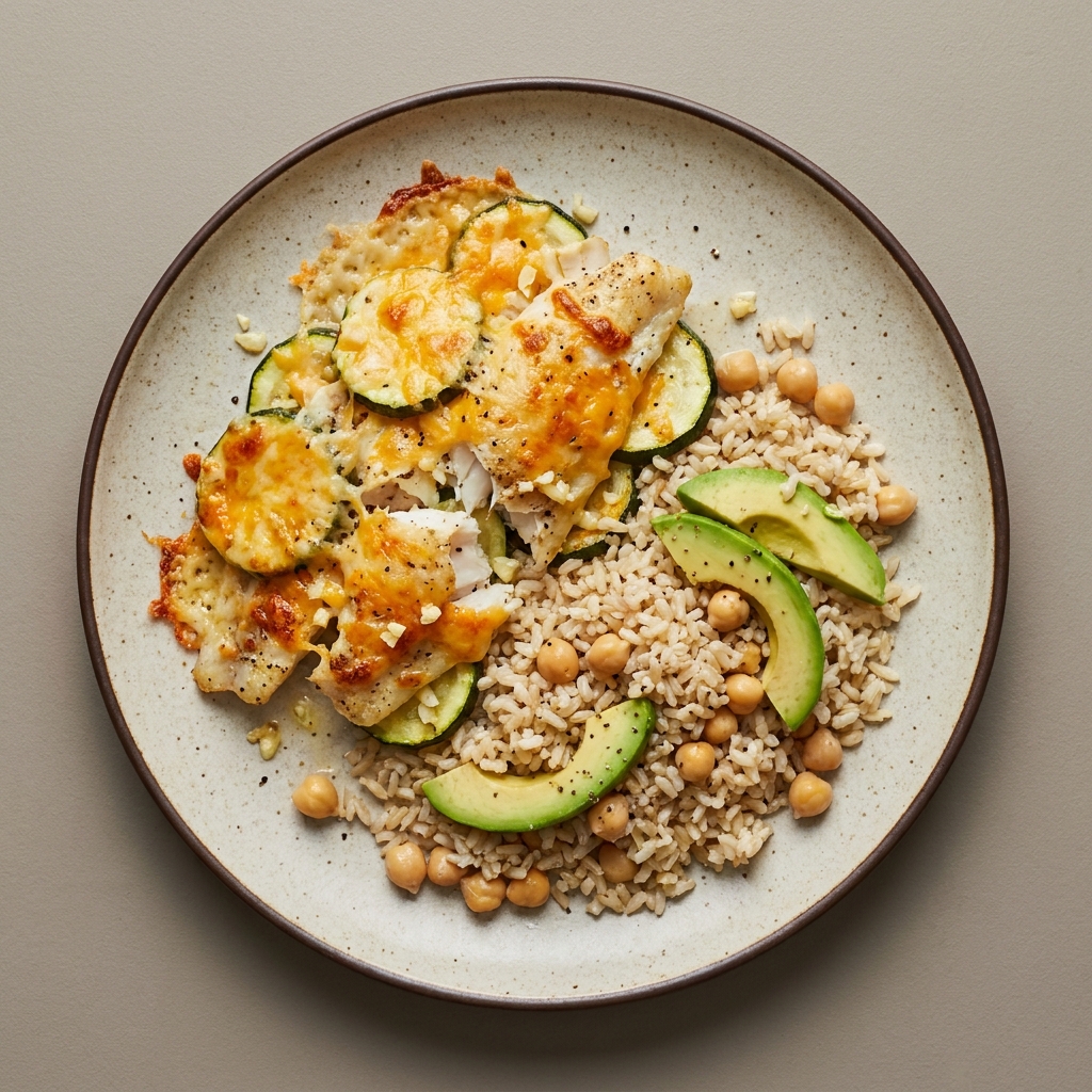 Tilapia gratinada acompañada con calabacita, garbanzo, arroz y aguacate