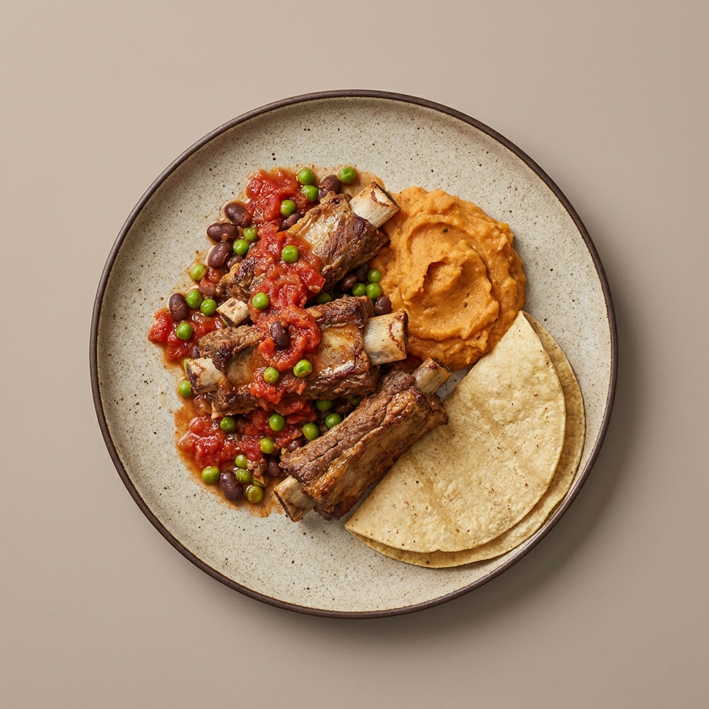 Costilla de res en salsa roja con chícharos, puré de camote  y tortillas