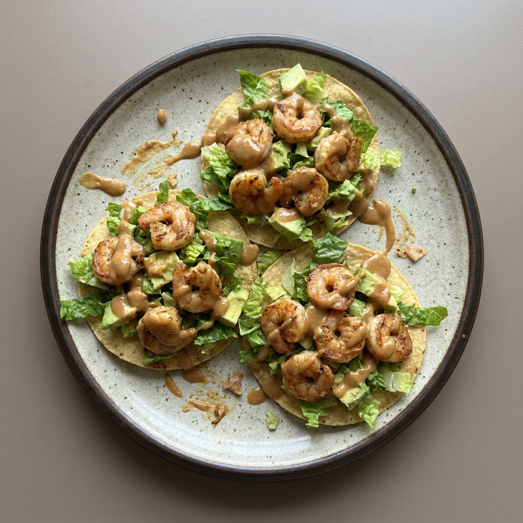 Tostadas de Camarones en salsa de cacahuate con aguacate y lechuga