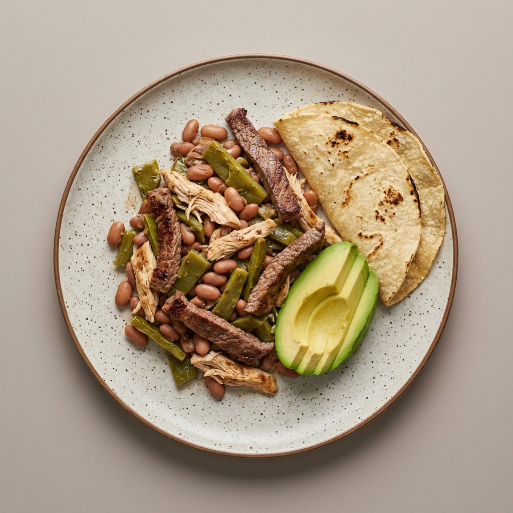 Molcajete mixto de arrachera, bistec y pollo con nopal, frijol y aguacate, con tortilla