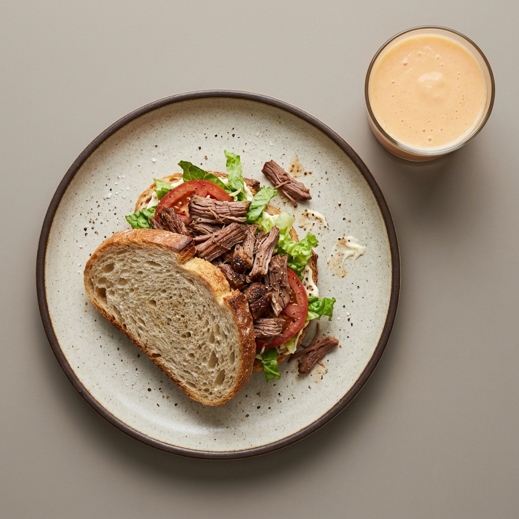 Sandwich de carne res deshebrada en pan de masa madre, acompañado de licuado