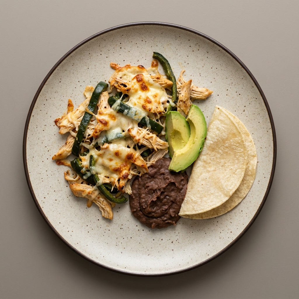 Alambre gratinado de pollo y mozzarella con rajas, frijol y aguacate, acompañado con tortilla