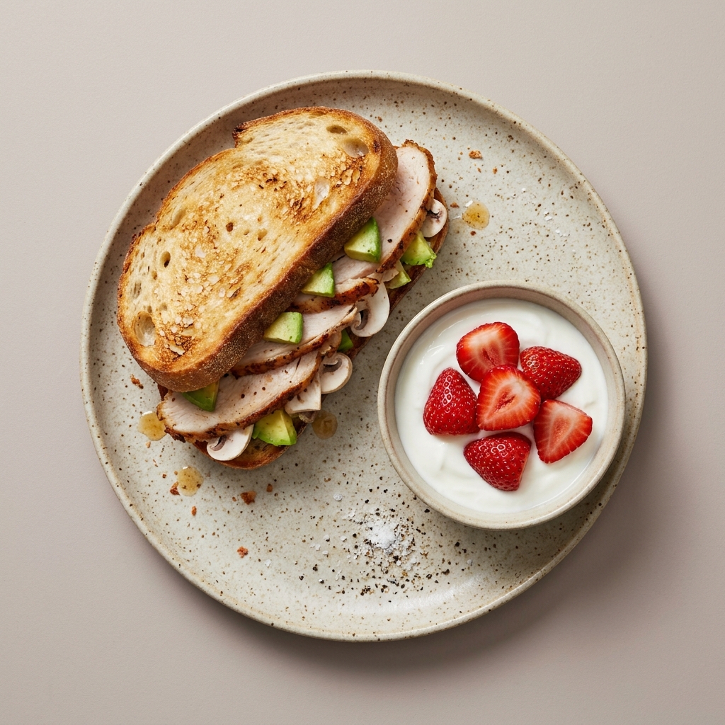 Sandwich de pechuga de pavo horneada con champiñón y aguacate en pan de masa madre