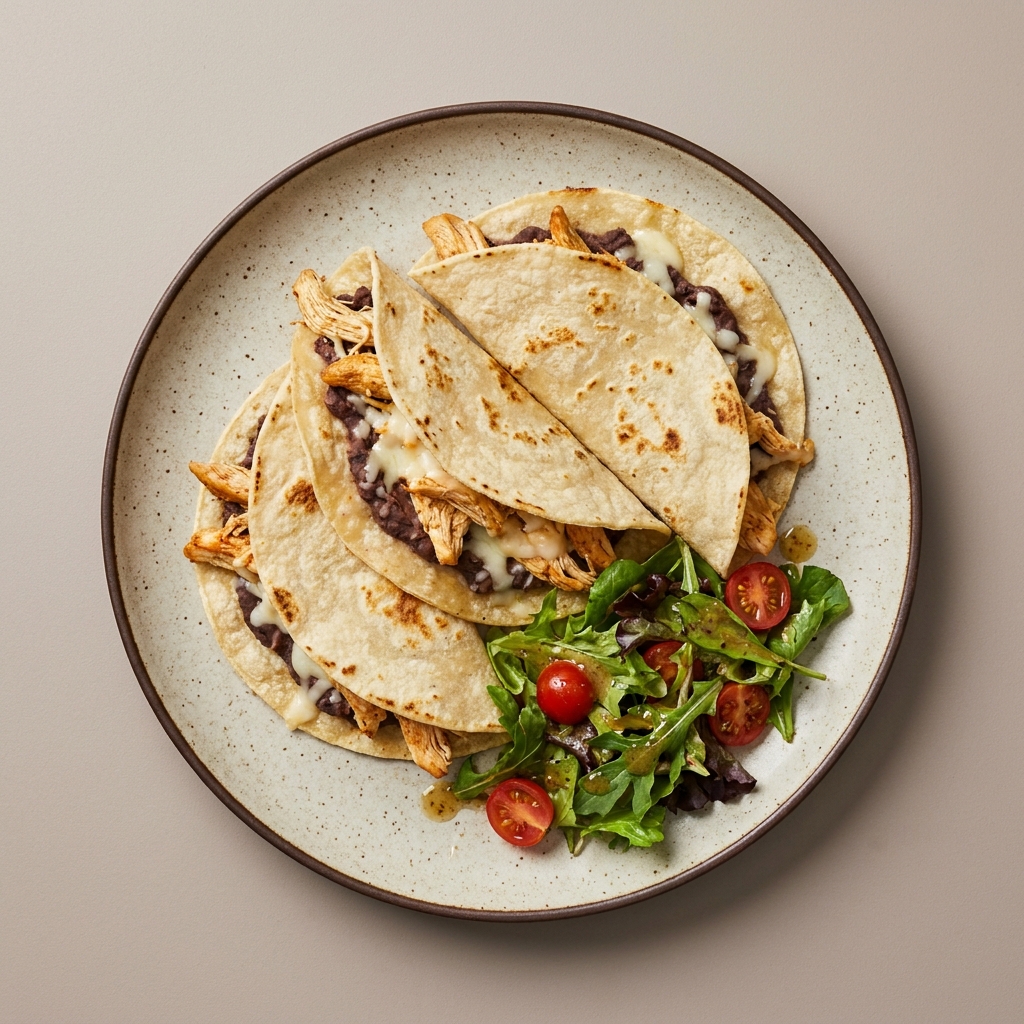 Tacos de frijol con pollo deshebrado con ensalada